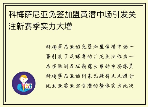 科梅萨尼亚免签加盟黄潜中场引发关注新赛季实力大增